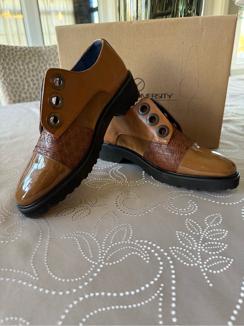 Unity in Diversity Brown Mixed-Material Slip-On Loafers with Eyelet Accents